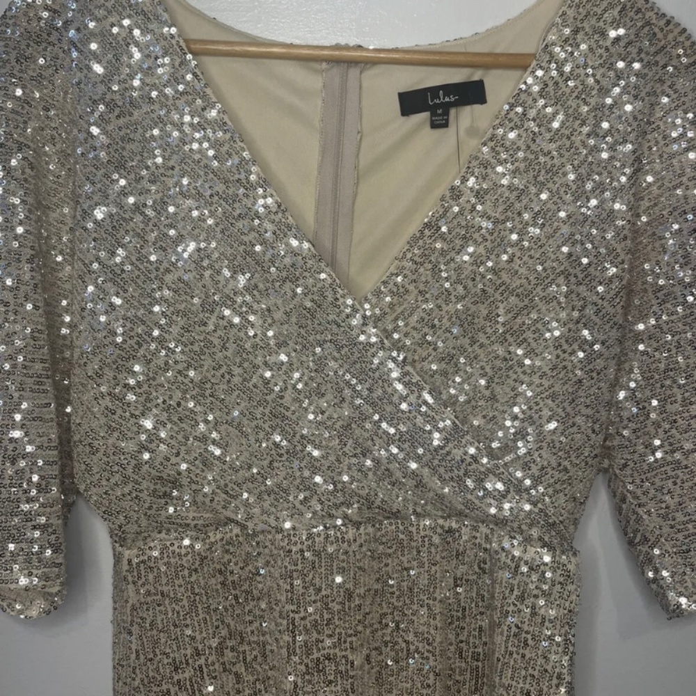 Lulu’s Weekender Sequin Faux Wrap Mini Dress Silver M